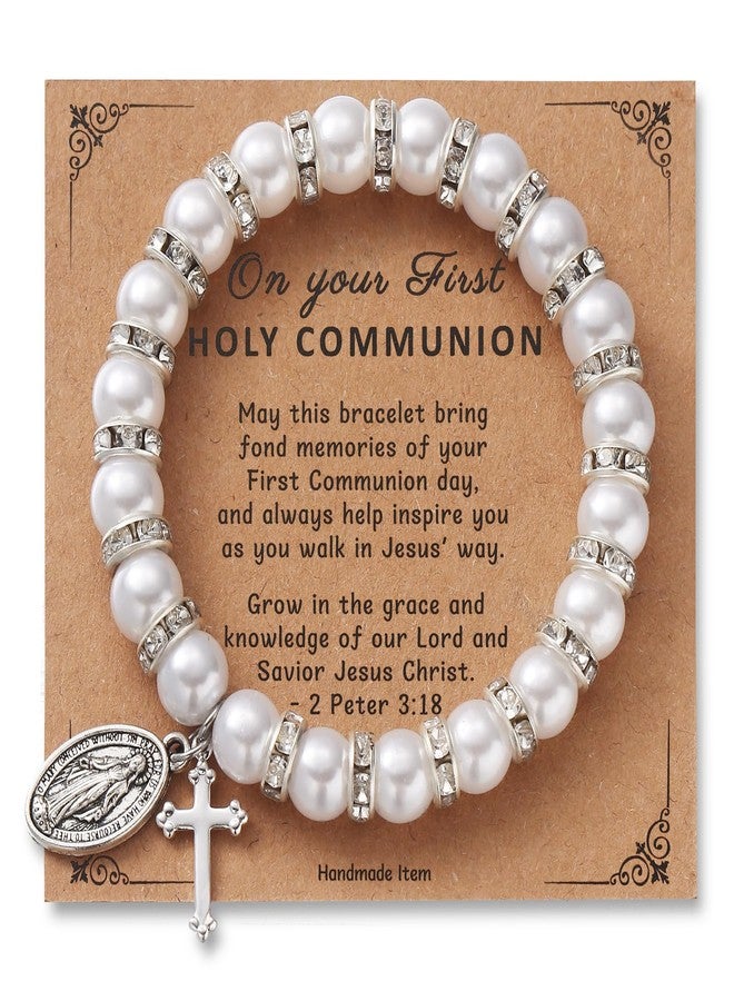 Korotho First Communion Bracelet Gifts for Her Catholic, First 1st Holy Communion Pearl Baptism Bracelets for Women Religious Gift Christening Communion Jewelry Card Favor for Goddaughter (FCPearl) - Image 1